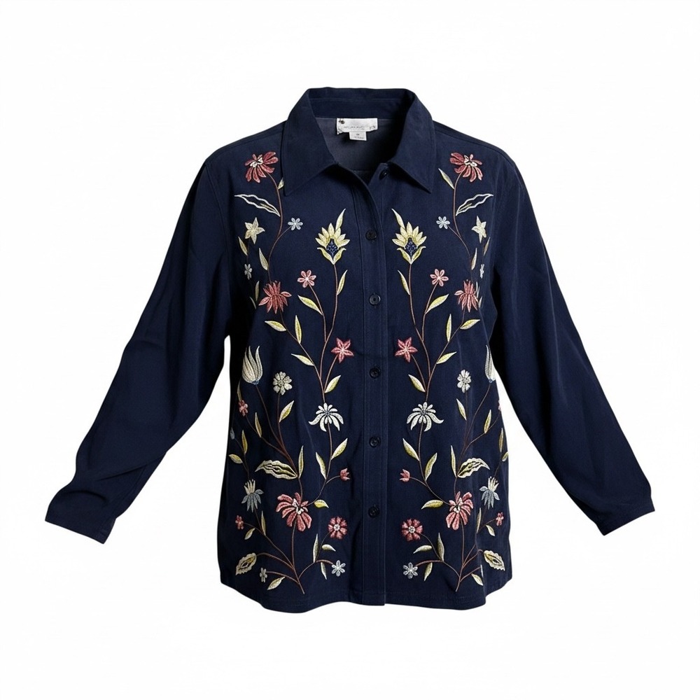 Susan Graver Style Navy Blue Faux Suede Floral Embroidered Button‎ Jacket 1X